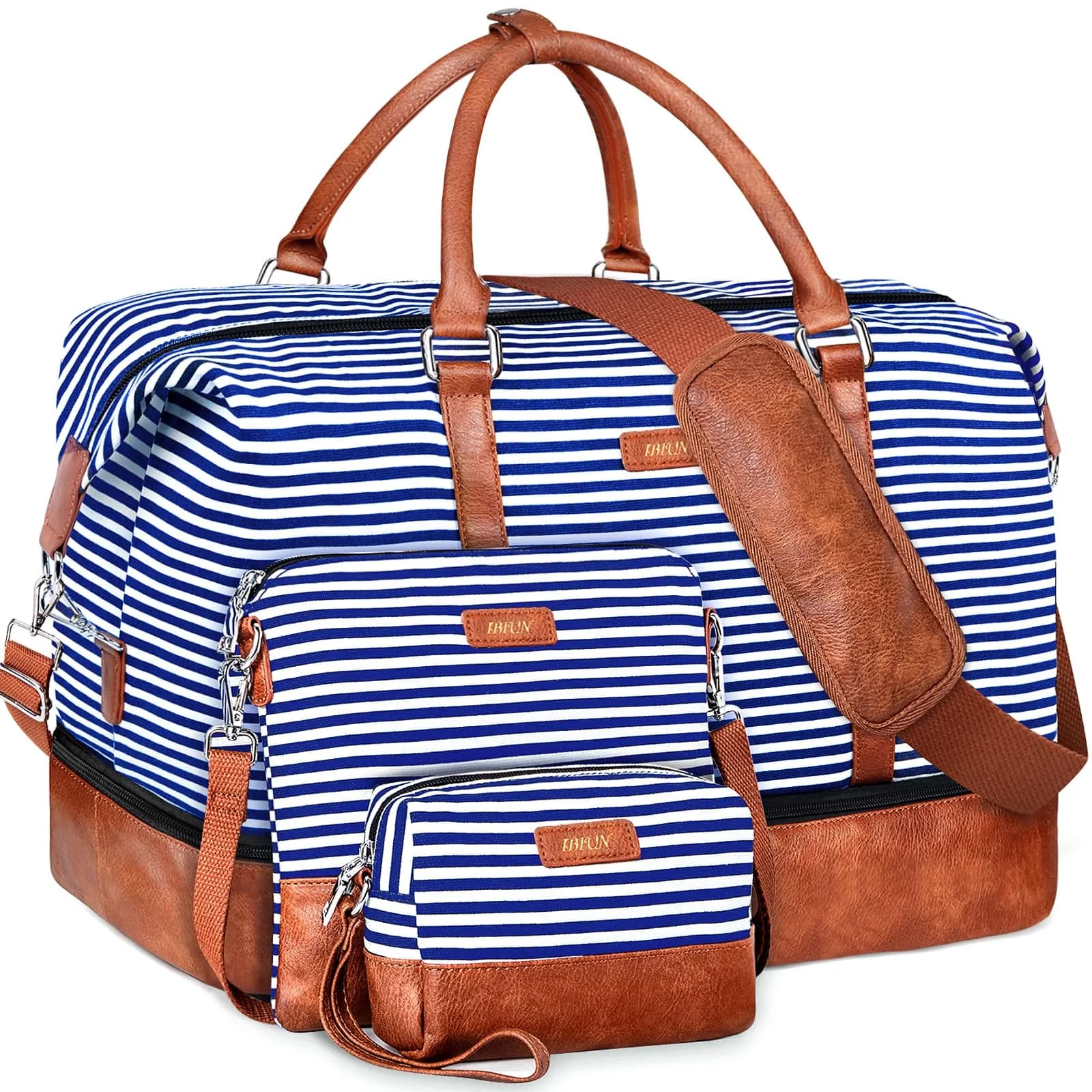 IBFUN Weekender Bags for Women, 21" Travel Duffle Bag with Shoe Compartment | Spacious, Waterproof & Lightweight — A3-Blue Strip
