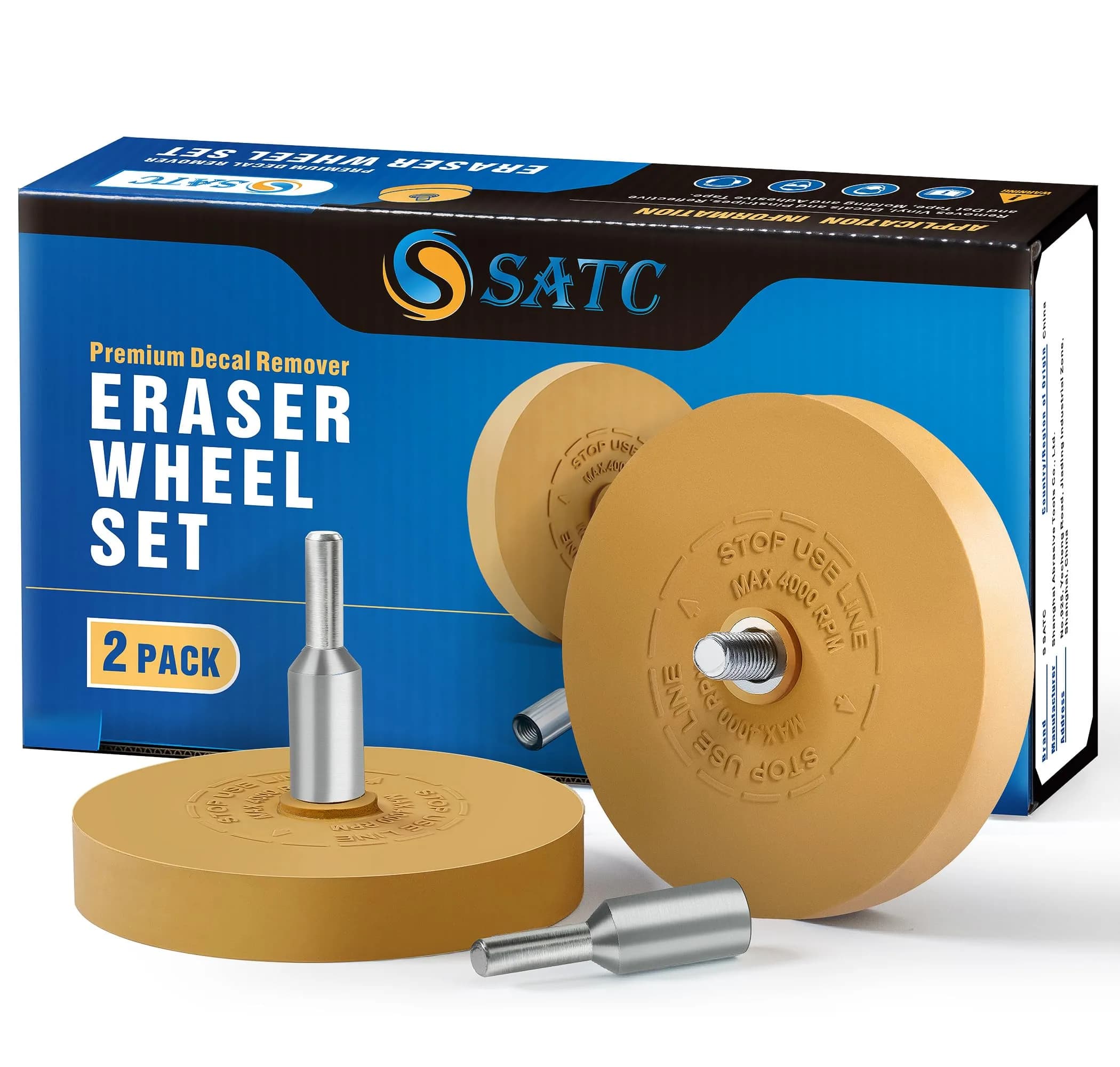 S SATC Decal Remover Eraser Wheel 2-Pack with Drill Adapter Kit | Removes Vinyl, Pinstripes & Graphics — Solid Decal Eraser Wheel