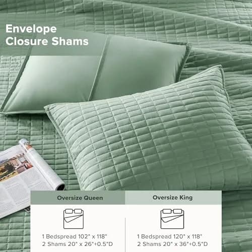 Comfort Spaces Oversized Bedspread Queen Quilt Set 102x118 Sage Green | All-Season Microfiber Cozy Cover thumbnail 5