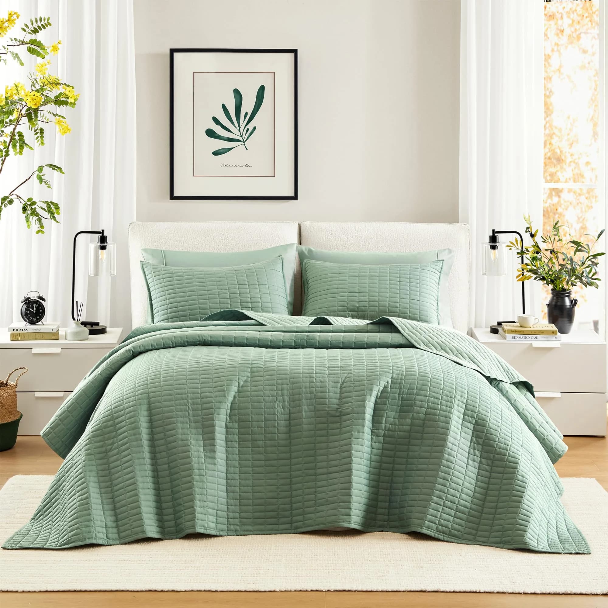 Comfort Spaces Oversized Bedspread Queen Quilt Set 102x118 Sage Green | All-Season Microfiber Cozy Cover