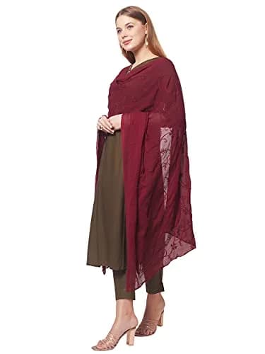 DUPATTA BAZAAR Women's Maroon Floral Embroidered Chiffon Dupatta 2.4m (8 ft) | Hand Wash Only thumbnail 1