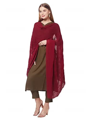 DUPATTA BAZAAR Women's Maroon Floral Embroidered Chiffon Dupatta 2.4m (8 ft) | Hand Wash Only thumbnail 5