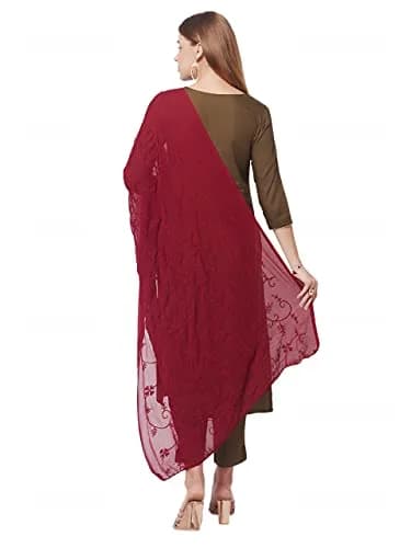 DUPATTA BAZAAR Women's Maroon Floral Embroidered Chiffon Dupatta 2.4m (8 ft) | Hand Wash Only thumbnail 7