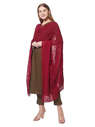 DUPATTA BAZAAR Women's Maroon Floral Embroidered Chiffon Dupatta 2.4m (8 ft) | Hand Wash Only thumbnail 8