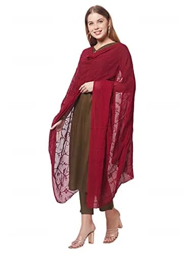 DUPATTA BAZAAR Women's Maroon Floral Embroidered Chiffon Dupatta 2.4m (8 ft) | Hand Wash Only thumbnail 9