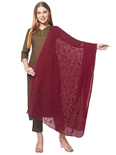 DUPATTA BAZAAR Women's Maroon Floral Embroidered Chiffon Dupatta 2.4m (8 ft) | Hand Wash Only thumbnail 3