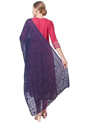 DUPATTA BAZAAR Women's Navy Blue Floral Embroidered Chiffon Dupatta | Soft & Elegant with Self-Coloured Embroidery thumbnail 4