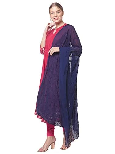 DUPATTA BAZAAR Women's Navy Blue Floral Embroidered Chiffon Dupatta | Soft & Elegant with Self-Coloured Embroidery thumbnail 6