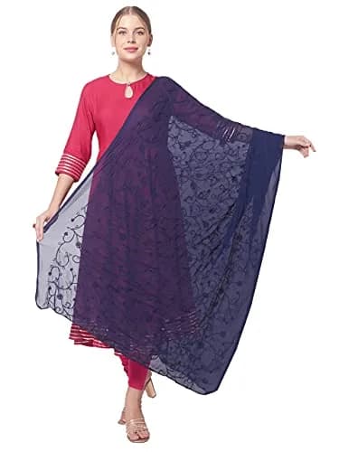 DUPATTA BAZAAR Women's Navy Blue Floral Embroidered Chiffon Dupatta | Soft & Elegant with Self-Coloured Embroidery thumbnail 3