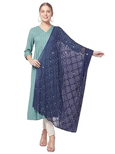 DUPATTA BAZAAR Women's Navy Blue Mirror Work & Embroidered Chiffon Dupatta | Elegant Festive Accessory thumbnail 1