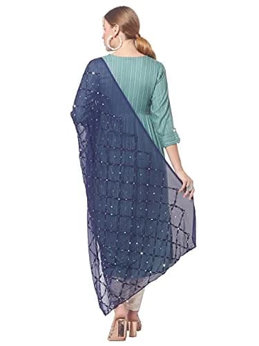 DUPATTA BAZAAR Women's Navy Blue Mirror Work & Embroidered Chiffon Dupatta | Elegant Festive Accessory thumbnail 4