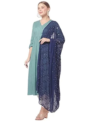 DUPATTA BAZAAR Women's Navy Blue Mirror Work & Embroidered Chiffon Dupatta | Elegant Festive Accessory thumbnail 2