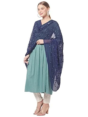 DUPATTA BAZAAR Women's Navy Blue Mirror Work & Embroidered Chiffon Dupatta | Elegant Festive Accessory thumbnail 3