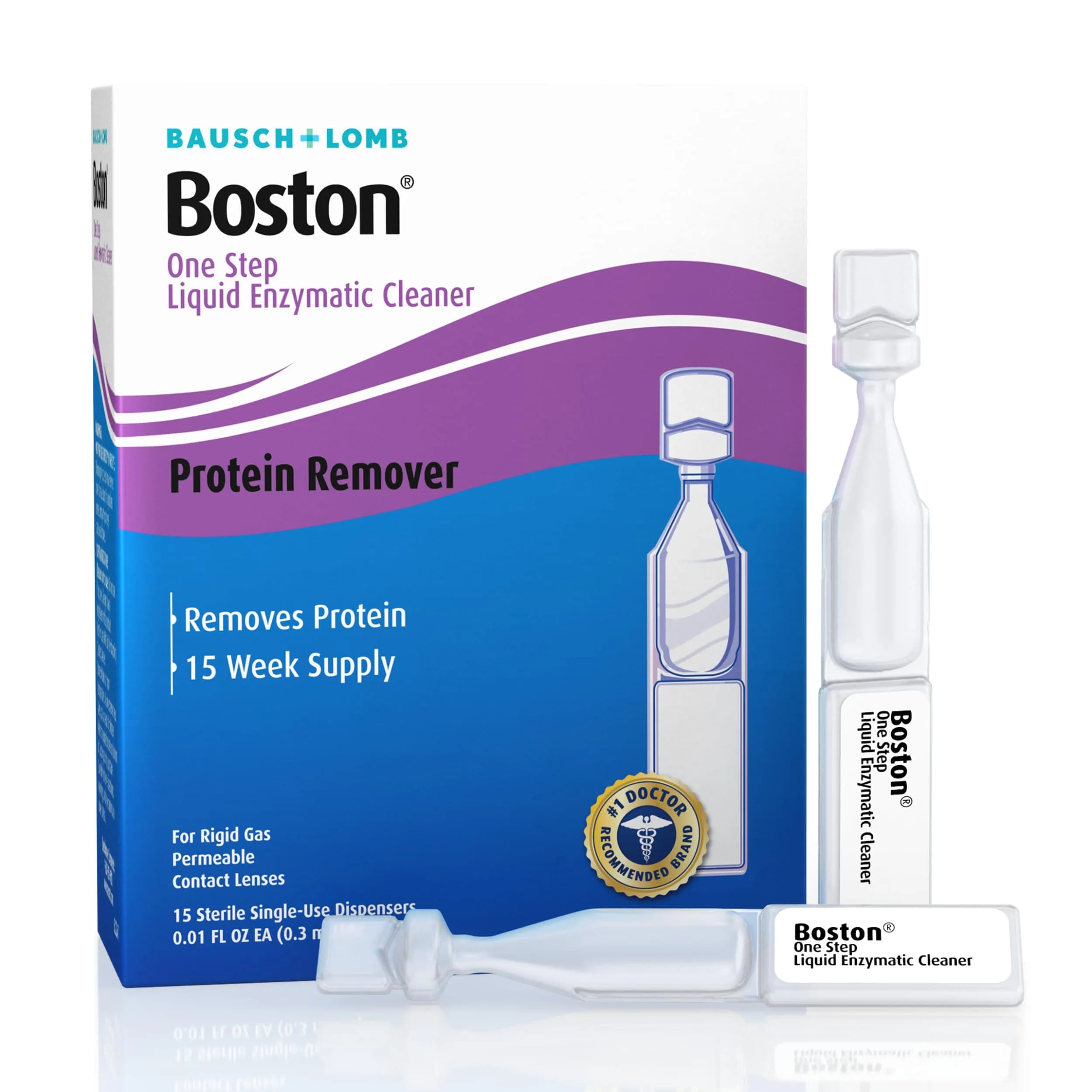 Boston One Step Liquid Enzymatic Cleaner RGP Lens, 15 Count | Protein Deposit Removal for Rigid Gas Permeable Lenses — Protein Remover (NEW)