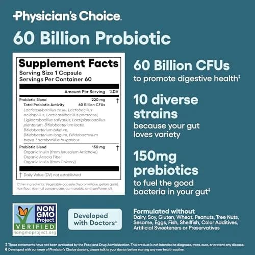 Physician's CHOICE Probiotics 60 Billion CFU - 10 Strains + Organic Prebiotics - 60 Capsules | Supports Gut Health & Digestion thumbnail 6