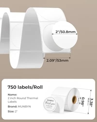MUNBYN 2 Inch Circle Thermal Labels 750 Sheets/Roll | Direct Thermal Printing Labels thumbnail 2