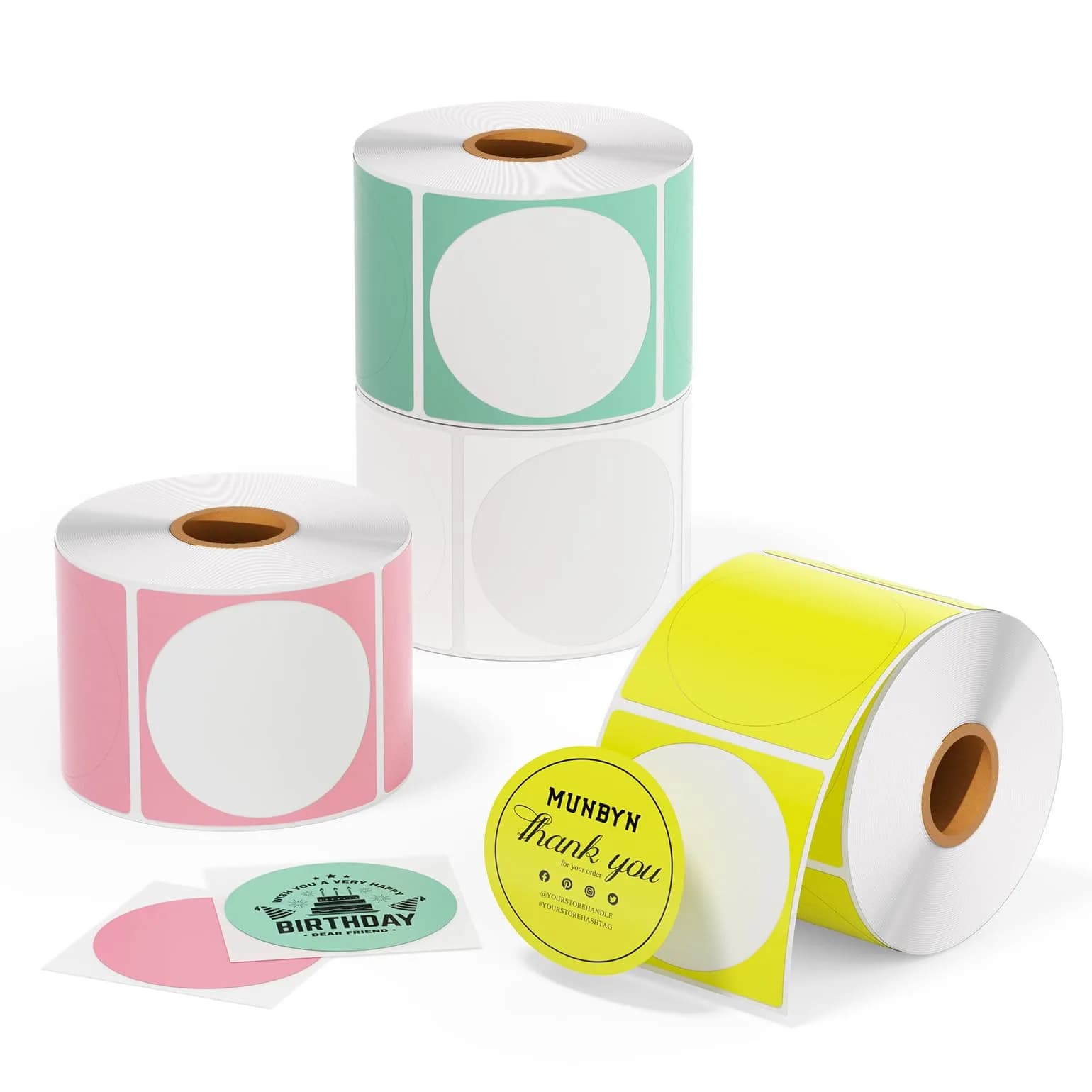 MUNBYN 2 Inch Round Thermal Labels, White Pink Green Yellow, 3000 Sheets/4 Rolls | Direct Thermal Printing for DIY & Business — Multicolor