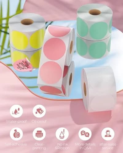 MUNBYN 2 Inch Round Thermal Labels, White Pink Green Yellow, 3000 Sheets/4 Rolls | Direct Thermal Printing for DIY & Business thumbnail 3