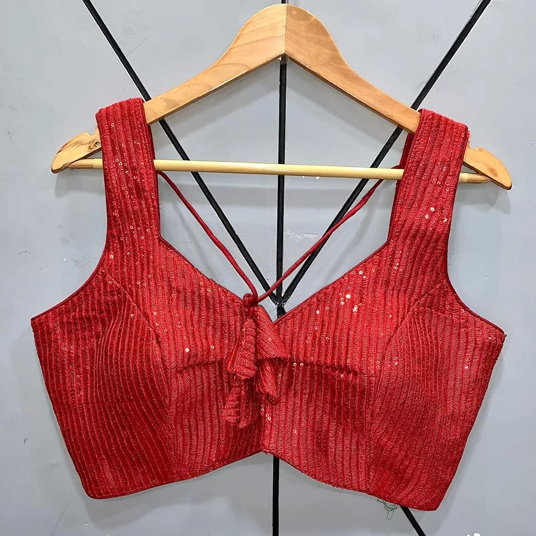 Vihu Fashion Red Georgette Saree Blouse with Sweetheart Neckline & Sequins (38/97cm) - view 5