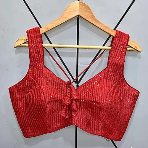 Vihu Fashion Red Georgette Saree Blouse with Sweetheart Neckline & Sequins (38/97cm) thumbnail 5