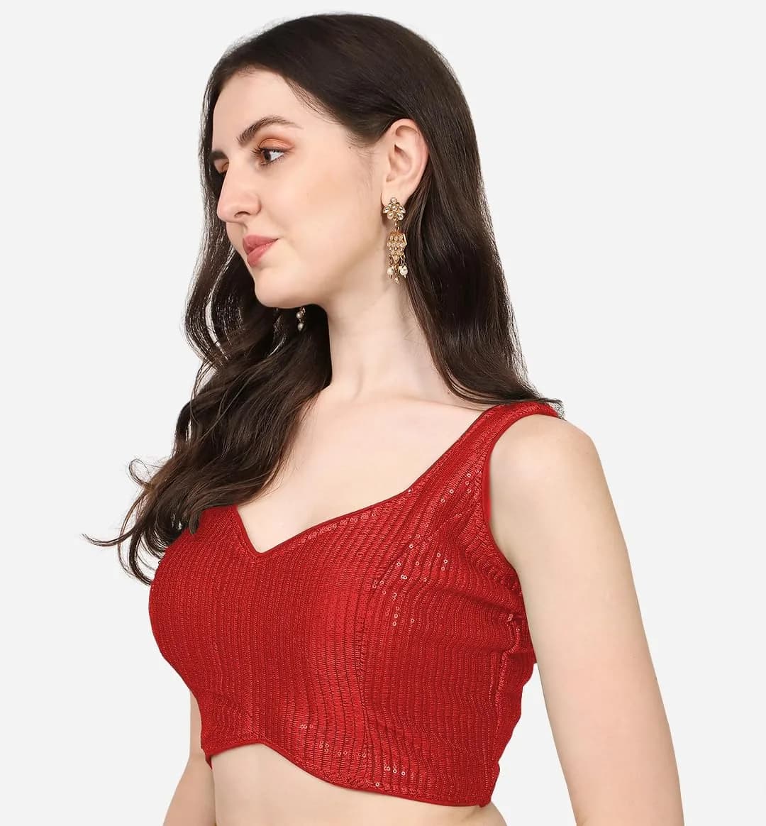 Vihu Fashion Red Georgette Saree Blouse with Sweetheart Neckline & Sequins (38/97cm) - view 3