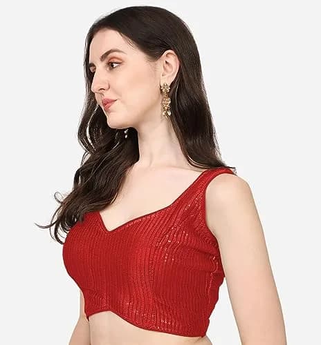 Vihu Fashion Red Georgette Saree Blouse with Sweetheart Neckline & Sequins (38/97cm) thumbnail 3