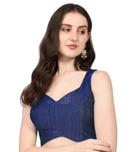 Vihu Fashion Navy Blue Georgette Ruched Sweetheart Neckline Saree Blouse 38 (96.5cm) | Adjustable Fit for Indian Occasions thumbnail 1