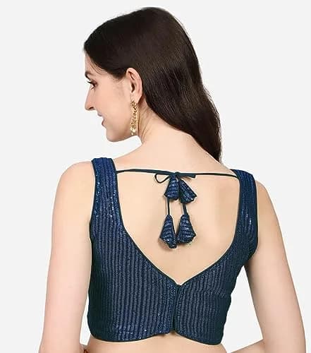 Vihu Fashion Navy Blue Georgette Ruched Sweetheart Neckline Saree Blouse 38 (96.5cm) | Adjustable Fit for Indian Occasions thumbnail 2