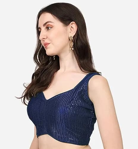 Vihu Fashion Navy Blue Georgette Ruched Sweetheart Neckline Saree Blouse 38 (96.5cm) | Adjustable Fit for Indian Occasions thumbnail 3