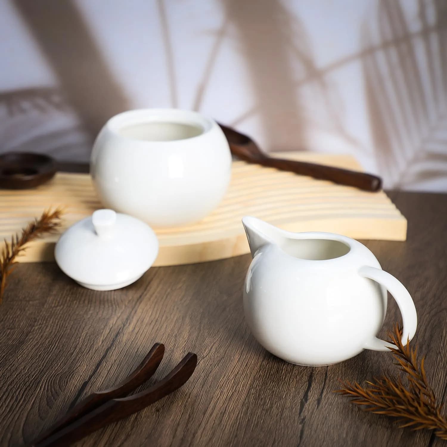 Bicuzat Pure White Porcelain Sugar Bowl and Creamer Set with Lid | 3-Piece Set, 10 oz & 12 oz - view 2
