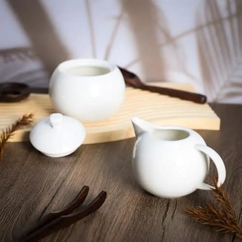 Bicuzat Pure White Porcelain Sugar Bowl and Creamer Set with Lid | 3-Piece Set, 10 oz & 12 oz thumbnail 2