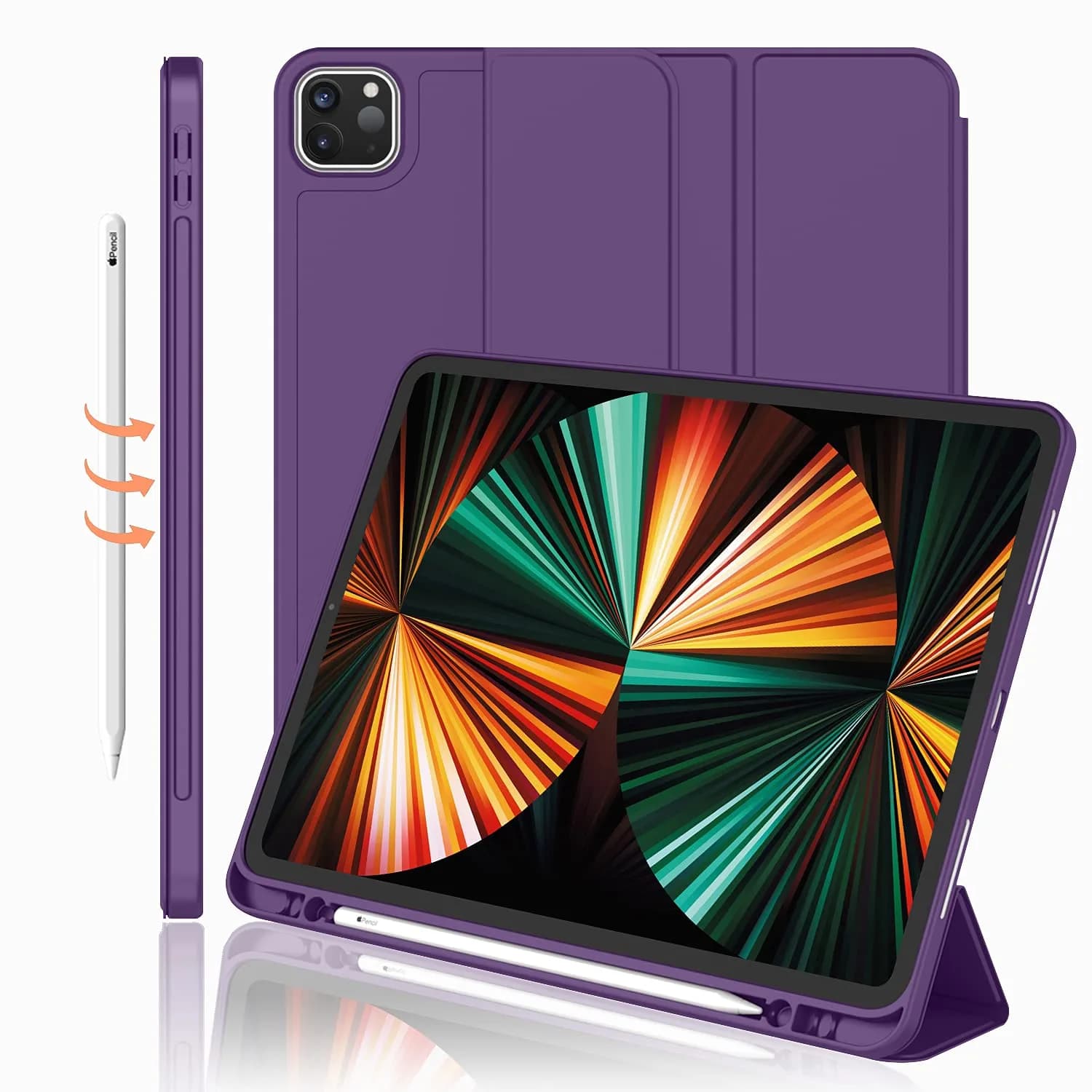 iMieet 12.9 Inch iPad Pro Case 2022/2021/2020 with Pencil Holder | Auto Wake/Sleep, Trifold Stand, Soft TPU Back — Dark Purple