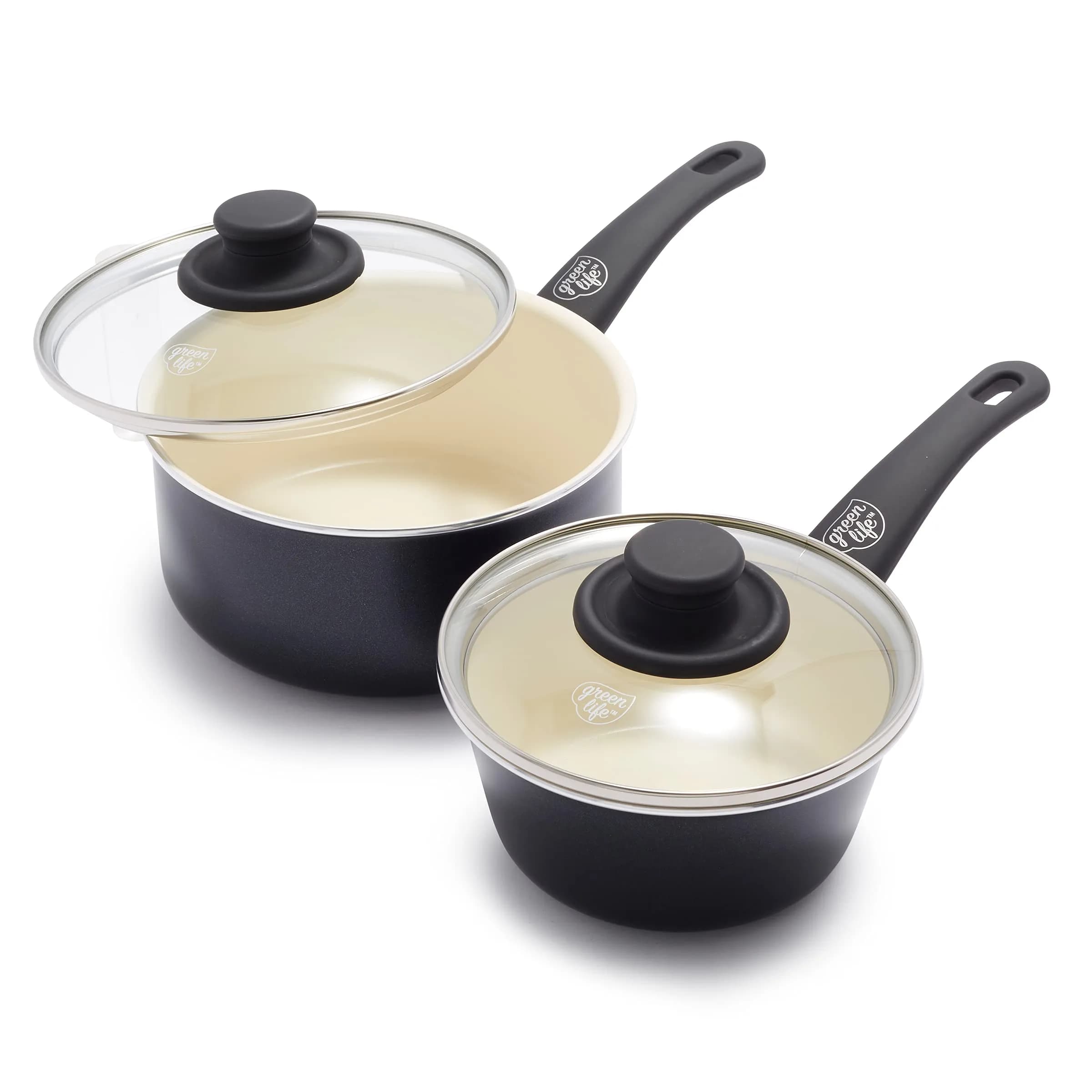 GreenLife Soft Grip 1QT & 2QT Saucepan Set | Healthy Ceramic Nonstick, Toxin-Free, Dishwasher Safe, Glass Lids, Stay-Cool Handles — Black/Cream