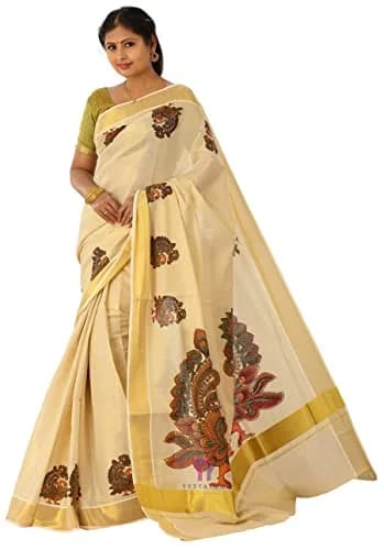 YETTALAN Kerala Gold Tissue Saree with Running Blouse Peacock 6.25 Meters | Authentic Indian Weave thumbnail 5