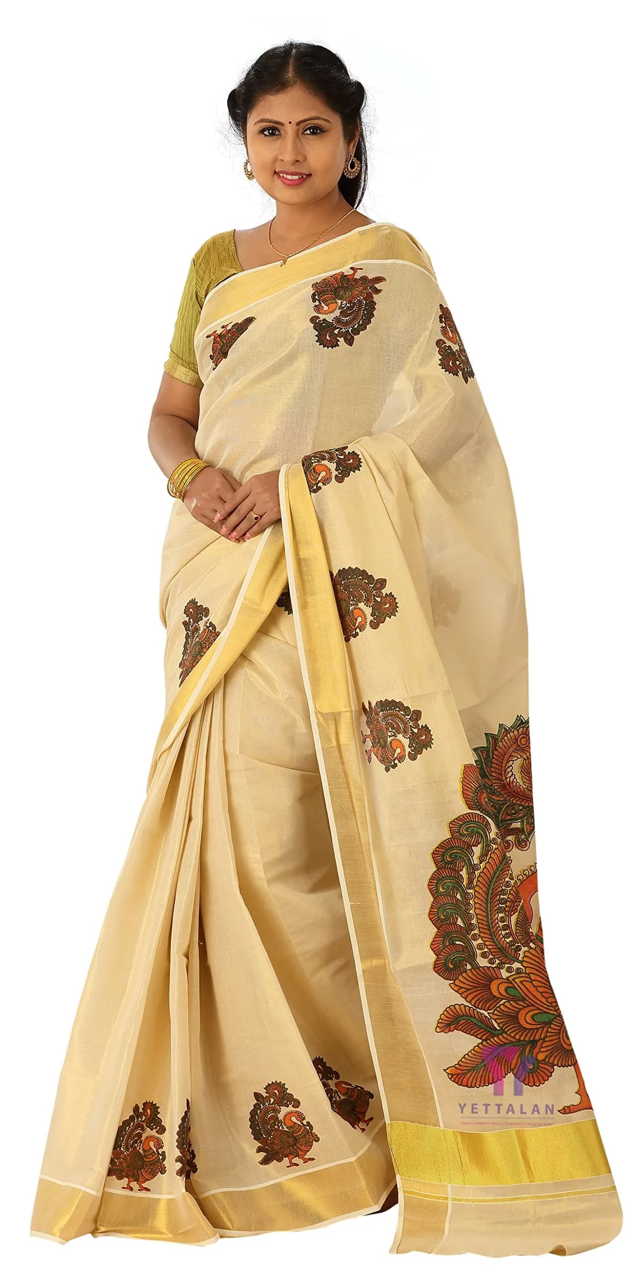 YETTALAN Kerala Gold Tissue Saree with Running Blouse Peacock 6.25 Meters | Authentic Indian Weave - view 6