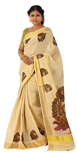 YETTALAN Kerala Gold Tissue Saree with Running Blouse Peacock 6.25 Meters | Authentic Indian Weave thumbnail 6