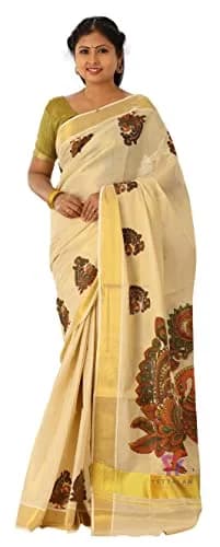 YETTALAN Kerala Gold Tissue Saree with Running Blouse Peacock 6.25 Meters | Authentic Indian Weave thumbnail 1
