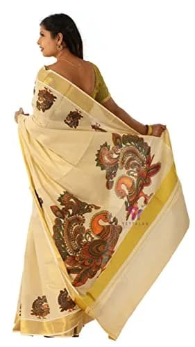 YETTALAN Kerala Gold Tissue Saree with Running Blouse Peacock 6.25 Meters | Authentic Indian Weave thumbnail 2