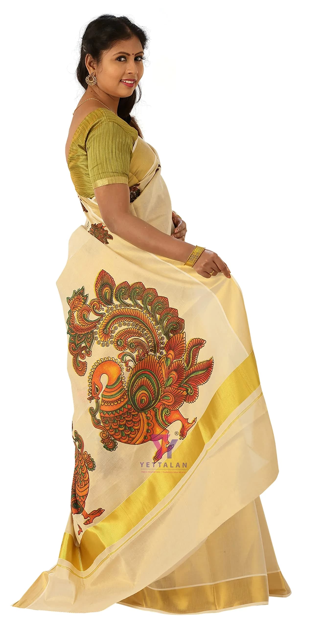 YETTALAN Kerala Gold Tissue Saree with Running Blouse Peacock 6.25 Meters | Authentic Indian Weave - view 3