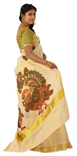 YETTALAN Kerala Gold Tissue Saree with Running Blouse Peacock 6.25 Meters | Authentic Indian Weave thumbnail 3