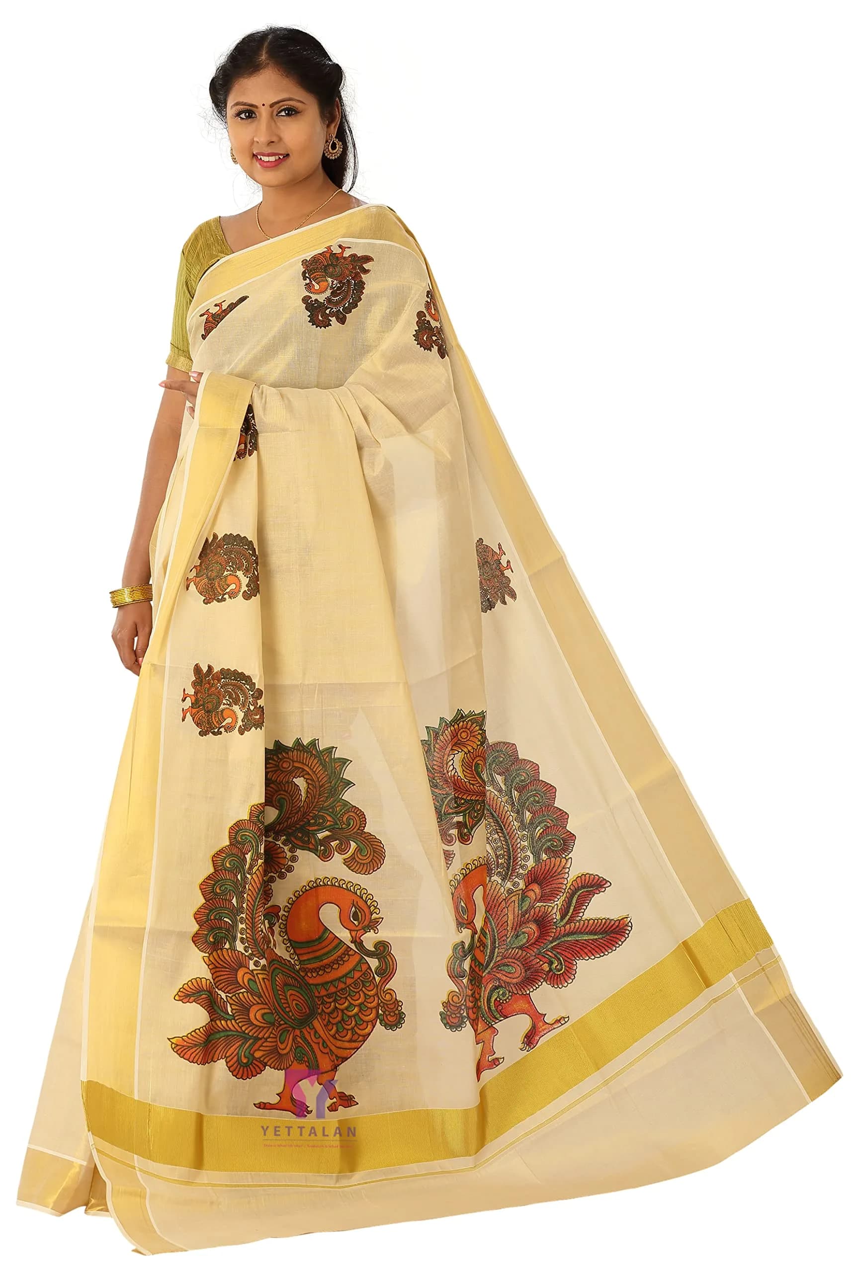 YETTALAN Kerala Gold Tissue Saree with Running Blouse Peacock 6.25 Meters | Authentic Indian Weave - view 4