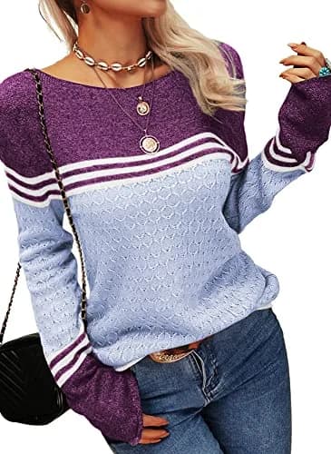 Danedvi Women Sweater Fall 2026 Colorblock Crewneck | Trendy Lightweight Striped Pullover (70-120 chars) thumbnail 2