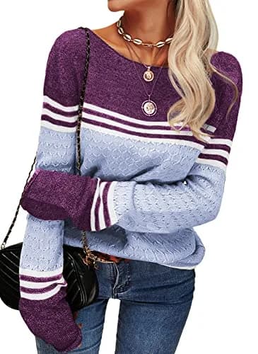 Danedvi Women Sweater Fall 2026 Colorblock Crewneck | Trendy Lightweight Striped Pullover (70-120 chars) thumbnail 3