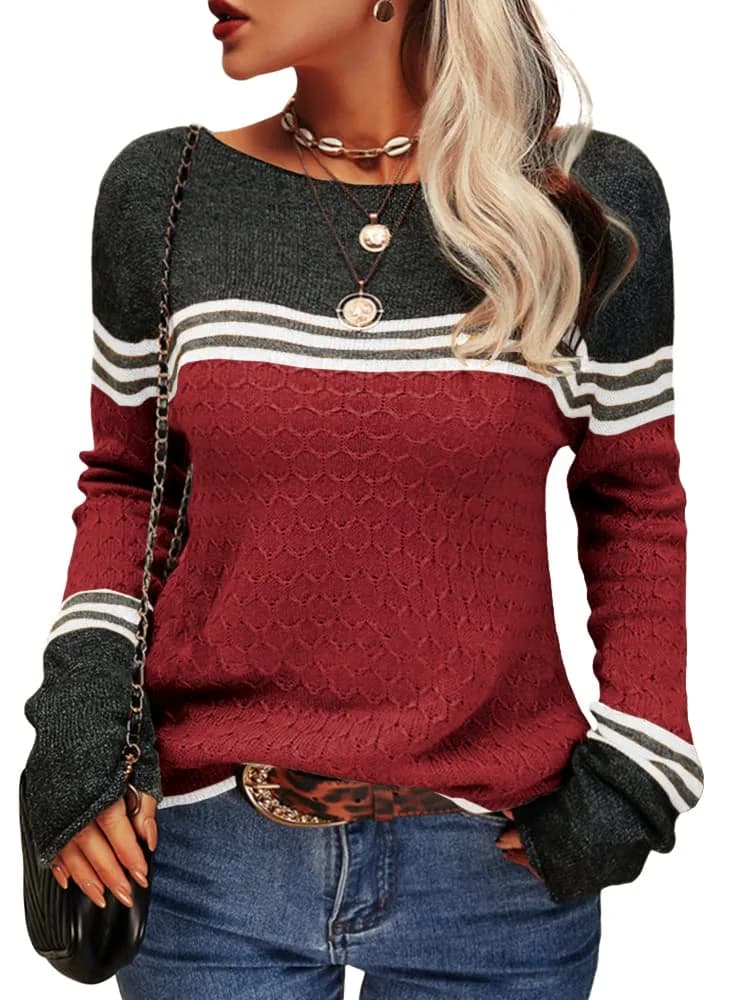 Danedvi Womens Fall Fashion Sweater XX-Large | Colorblock Lightweight Crewneck Winter Trend