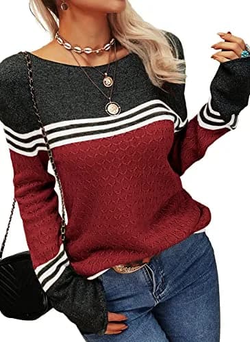 Danedvi Womens Fall Fashion Sweater XX-Large | Colorblock Lightweight Crewneck Winter Trend thumbnail 2