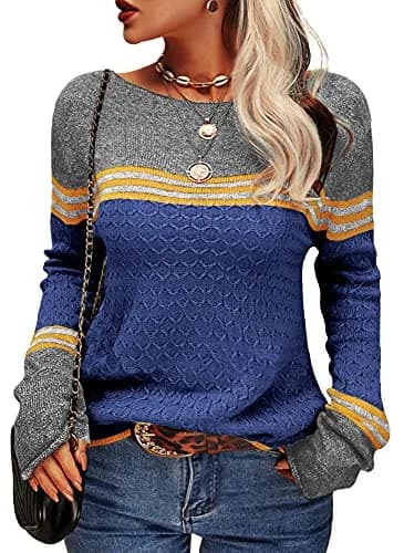 Danedvi Womens Fall Fashion 2026 Sweaters Colorblock Lightweight Striped Crewneck Winter Trendy Pullover Tops | Casual Autumn Winter Style thumbnail 1
