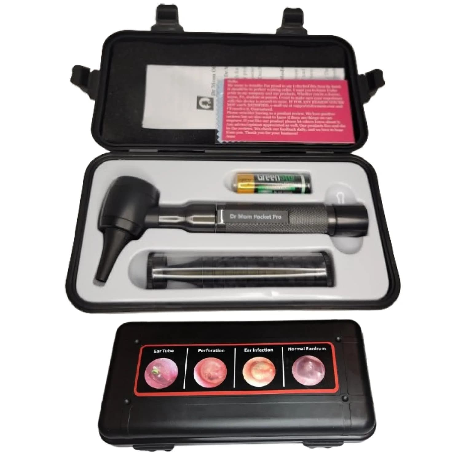Doctor Mom LED Pocket Pro Otoscope Black | 4X Magnification, Adult & Pediatric Specula Included — Black