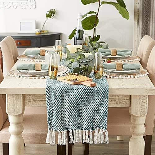 DII Woven Basics Collection 100% Cotton Knit Table Runner 183 cm (72") with Fringe | Teal thumbnail 3