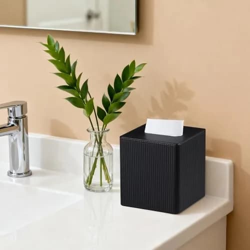 Cretkhp PU Leather Square Tissue Box Cover Cube Black | Modern Decorative Holder for Bathrooms thumbnail 5