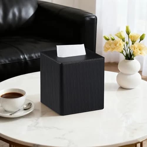 Cretkhp PU Leather Square Tissue Box Cover Cube Black | Modern Decorative Holder for Bathrooms thumbnail 2